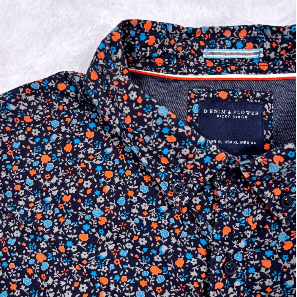 Denim Flower Ricky Singh Button Shirt XL (FIT L) Navy Floral Flip Cuff Short Slv